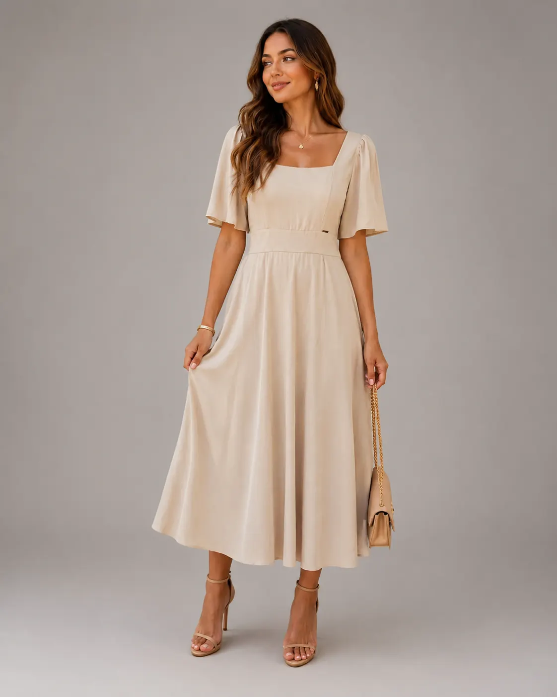 Vestido feminino bege com manga curta — peça da Savana Modas