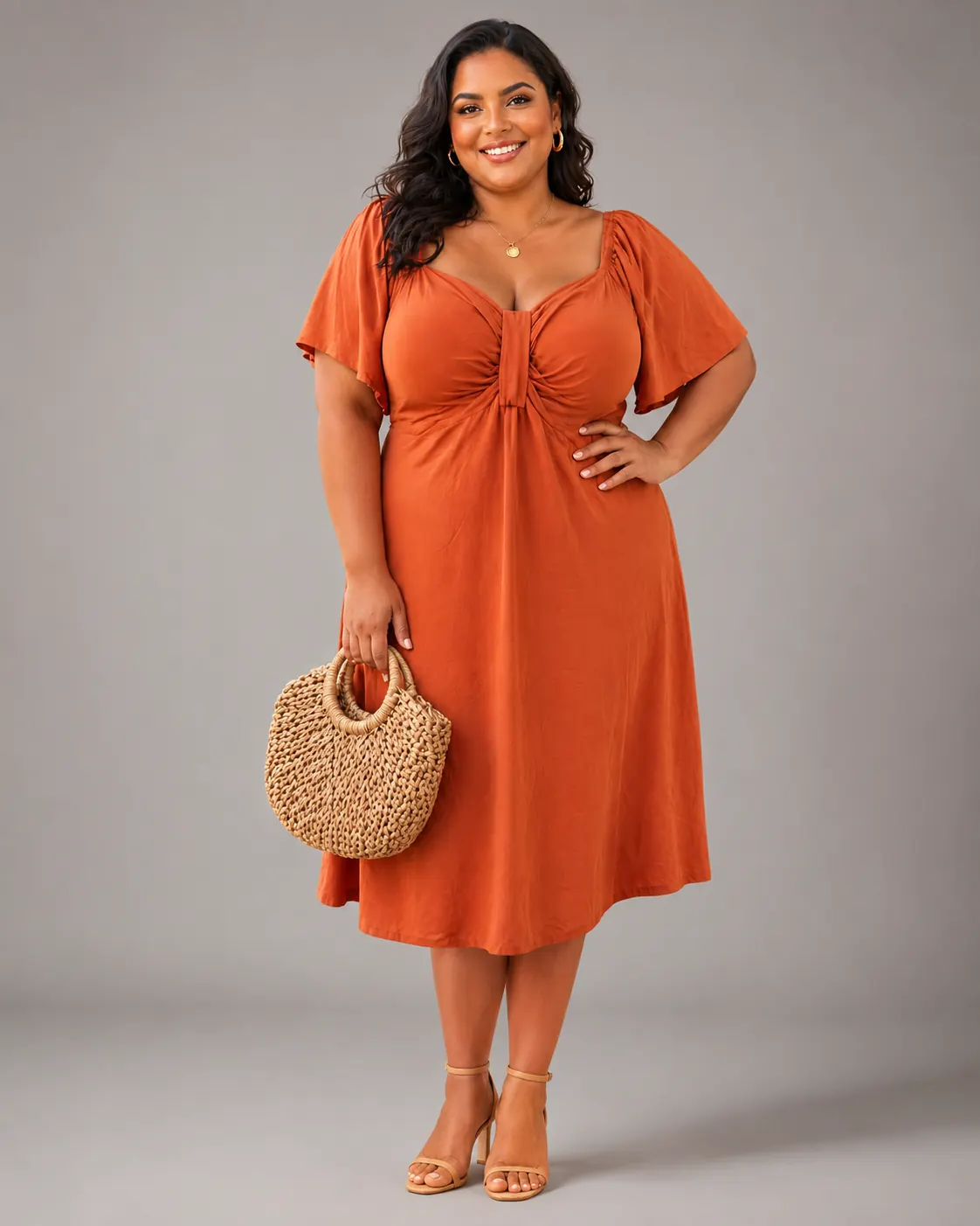 Vestido plus size laranja com manga curta — Savana Modas