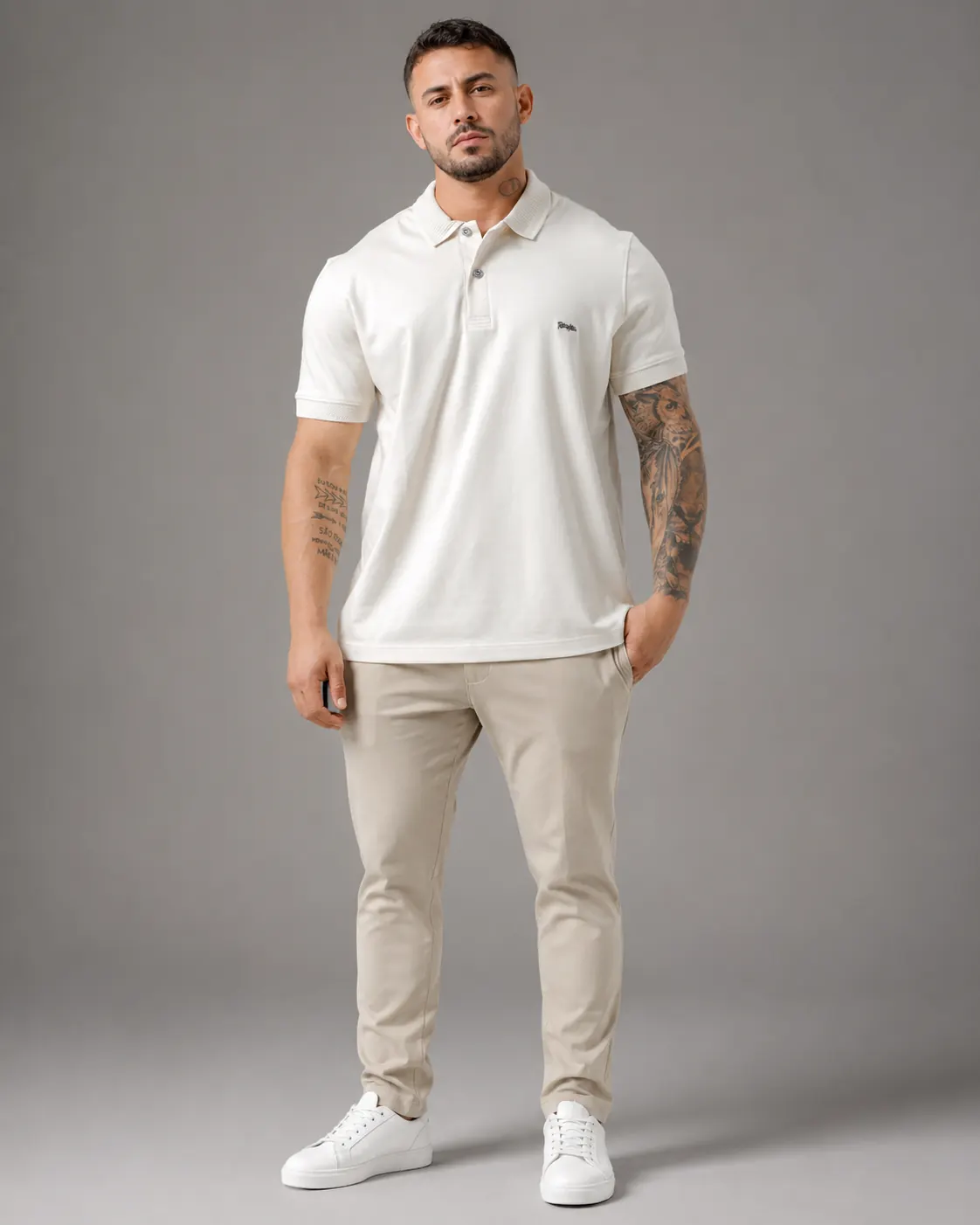 Modelo masculino com polo branca e calça bege da Savana Modas