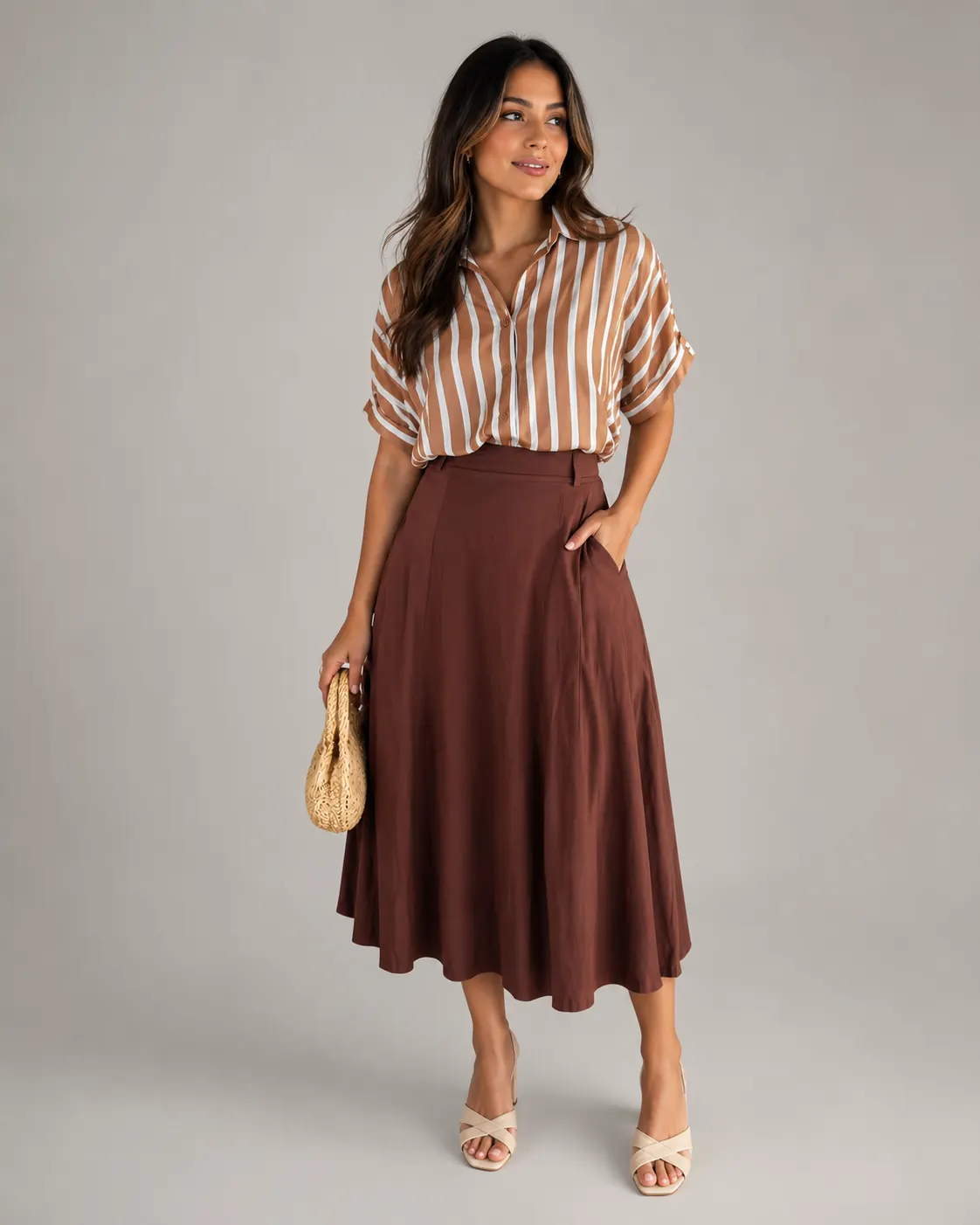 Saia midi marrom rodada com blusa listrada