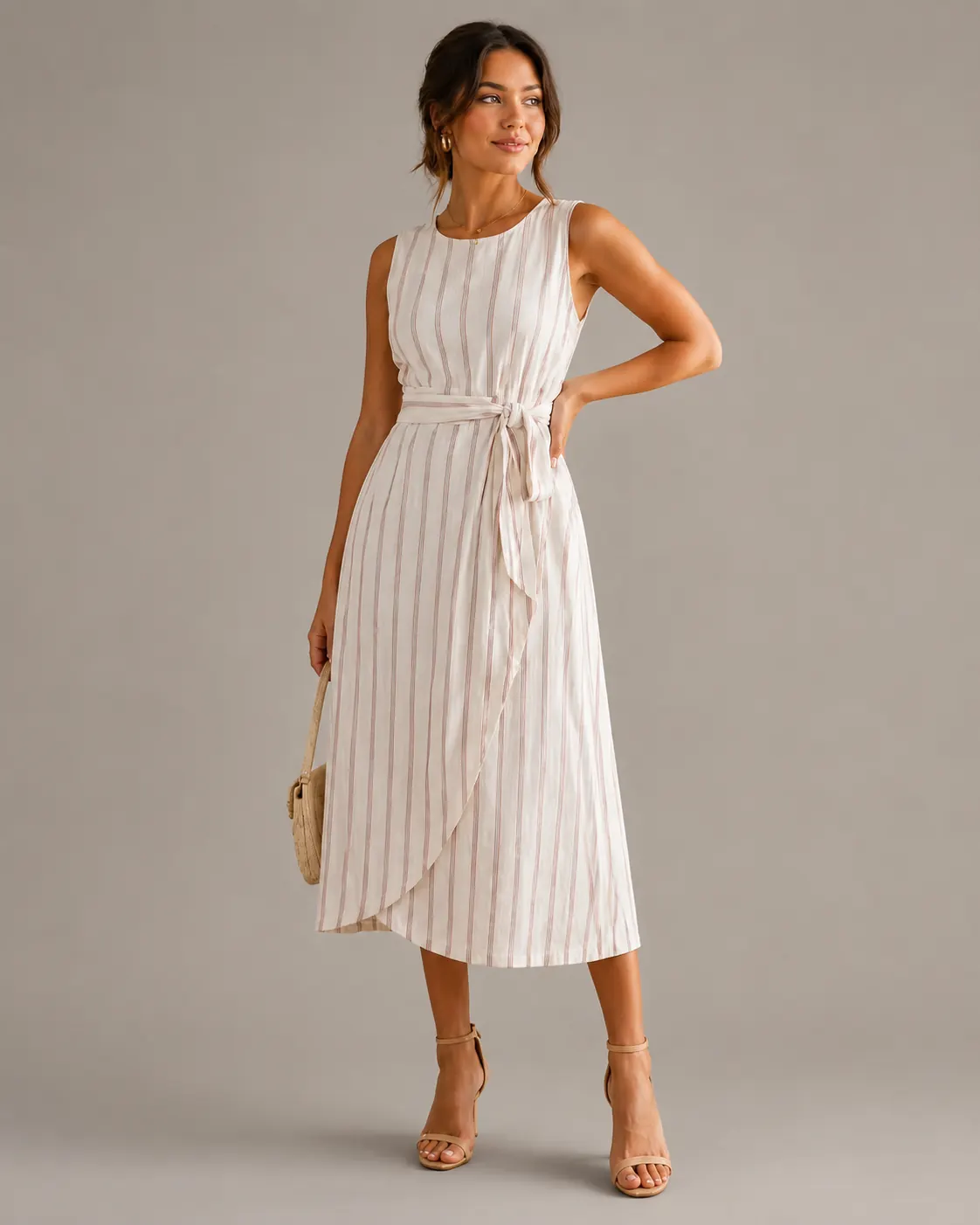 Vestido midi listrado off-white com cinto — moda feminina Savana Modas
